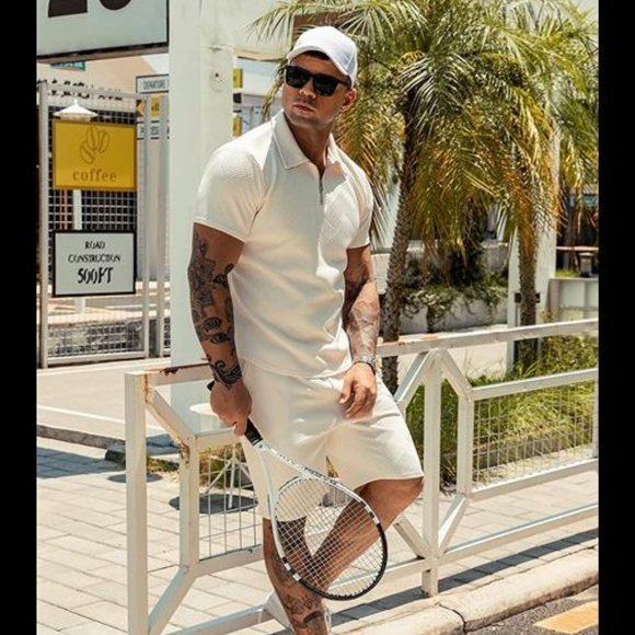 Men's Polo Shirt and Shorts Set - Beige 2 Piece Tracksuit - Picture 3 of 5